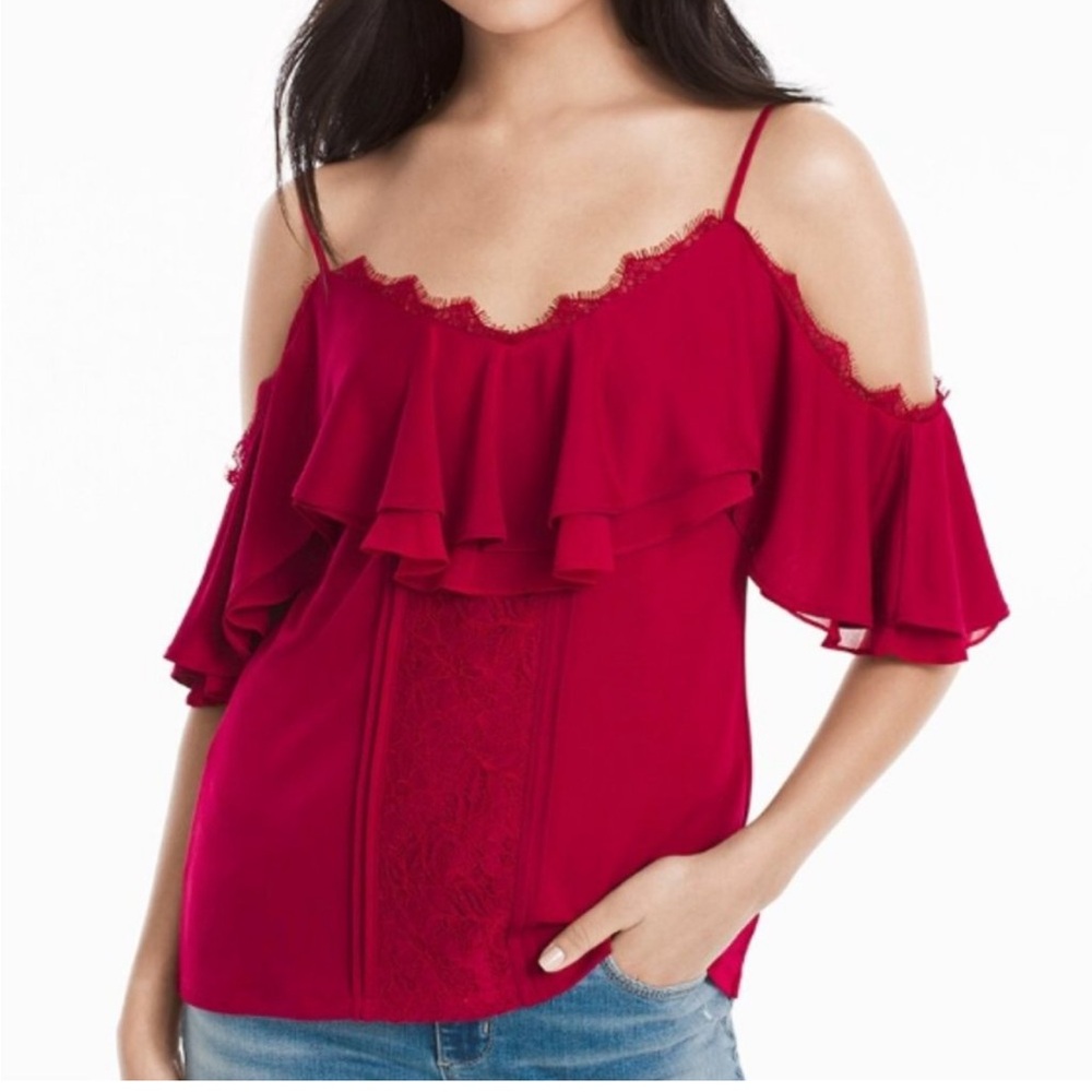 NWT White House Black Market Short-Sleeve Cold-Shoulder Lace Trim Top Red